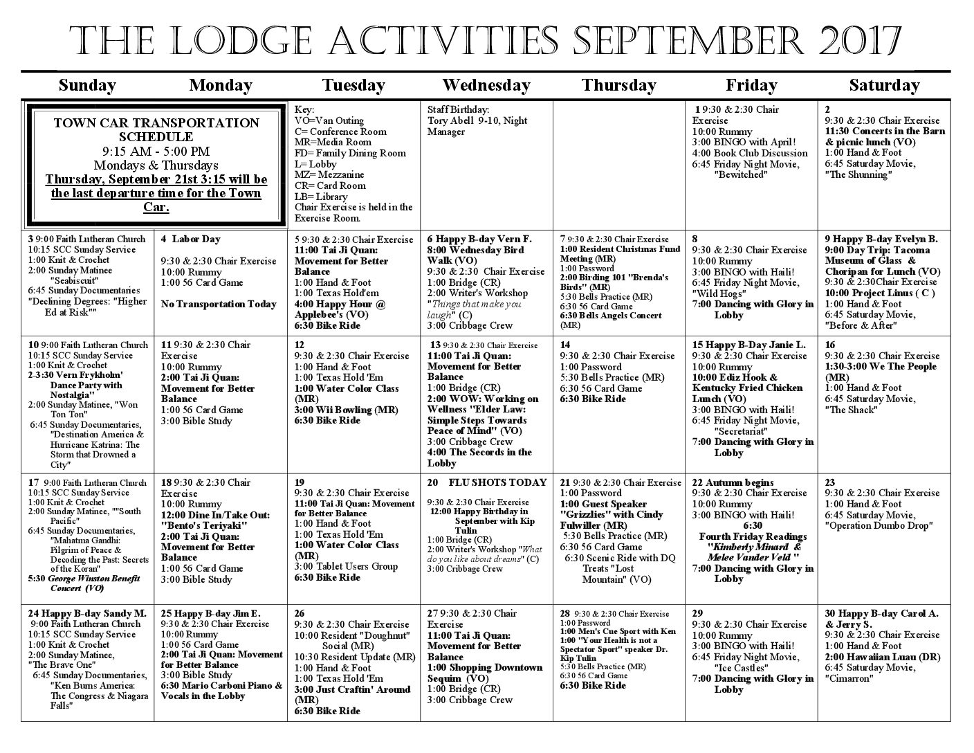 The Lodge September Activity Calendar The Lodge at SherwoodThe Lodge